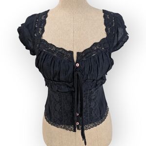Free People Arlo Lace Blouse Top Black Milkmaid Short Sleeve NWT Size XS